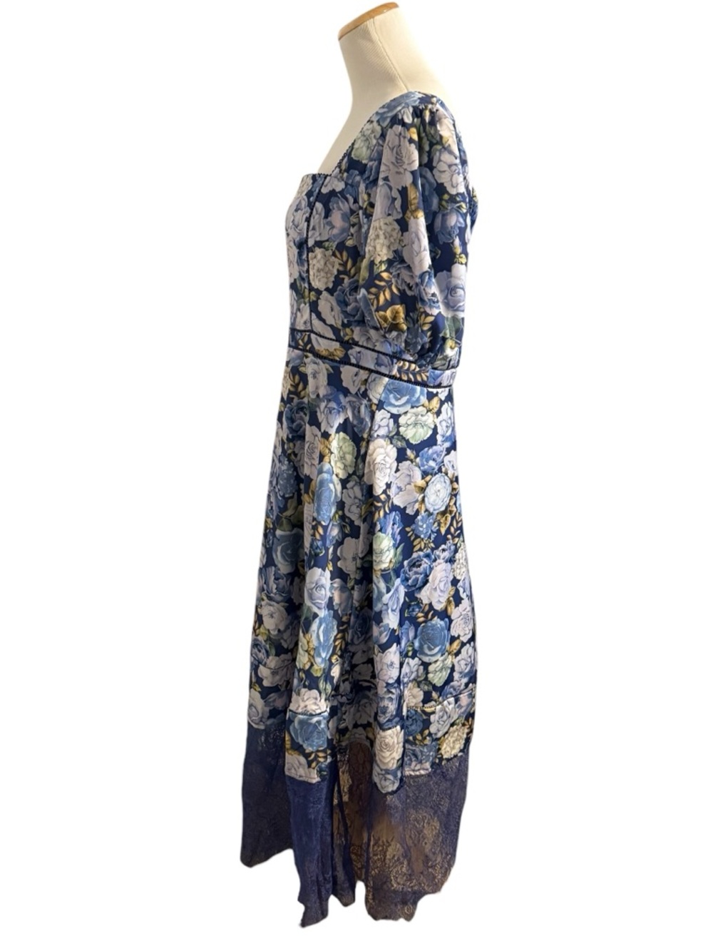 Rachel Parcell Puff Sleeve Blue Floral Lace-Trim Midi Dress - Picture 6 of 13
